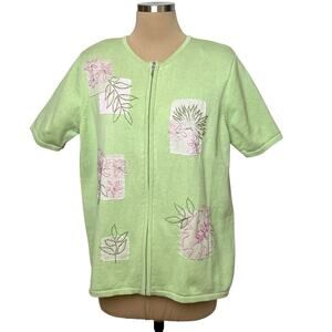 Allison Daley Sweater Size Large Short Sleeve Green Pink Embroidery Full Zip Vtg